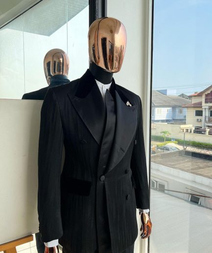 A Charcoal Black “Mandate” rain drop patterned jacquard, triple breasted, dropping sache tuxedo suit
