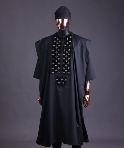 A charcoal black, grommet eyelet on dropping octa with silver Swarovski embroidery details agbada