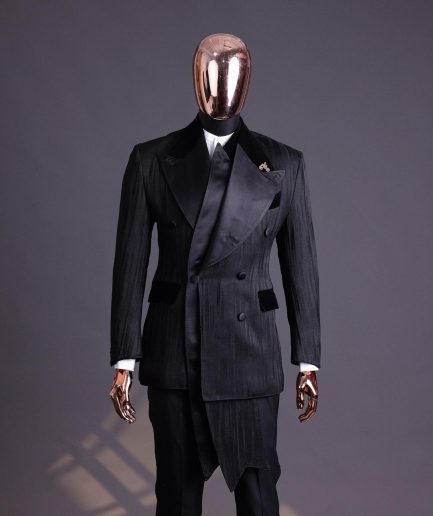 A Charcoal Black “Mandate” rain drop patterned jacquard, triple breasted, 2 layer dropping sache tuxedo suit.