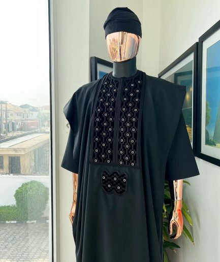 A charcoal black, grommet eyelet on dropping octa embroidery details agbada