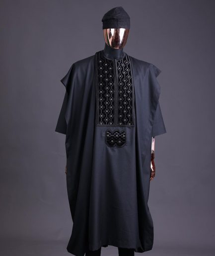 A charcoal black, grommet eyelet on dropping octa embroidery details agbada