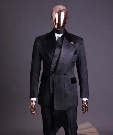 A Charcoal Black “Mandate” rain drop patterned jacquard, triple breasted, dropping sache tuxedo suit
