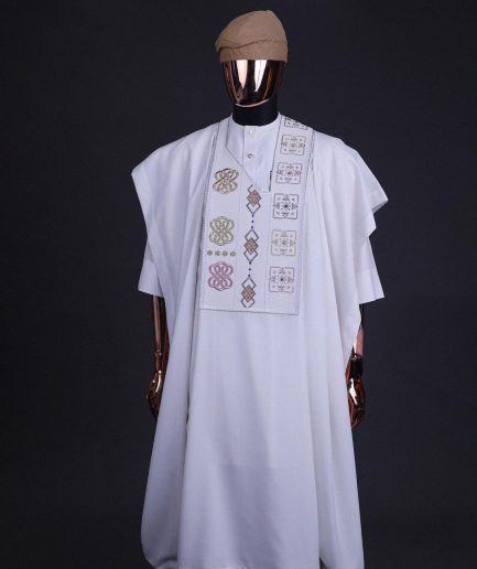 A White, connected square & renaissance maze embroidery details agbada