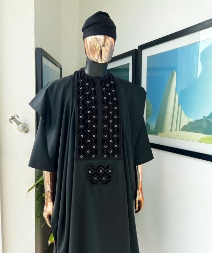 A charcoal black, grommet eyelet on dropping octa embroidery details agbada