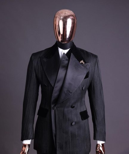 A Charcoal Black “Mandate” rain drop patterned jacquard, triple breasted tuxedo suit