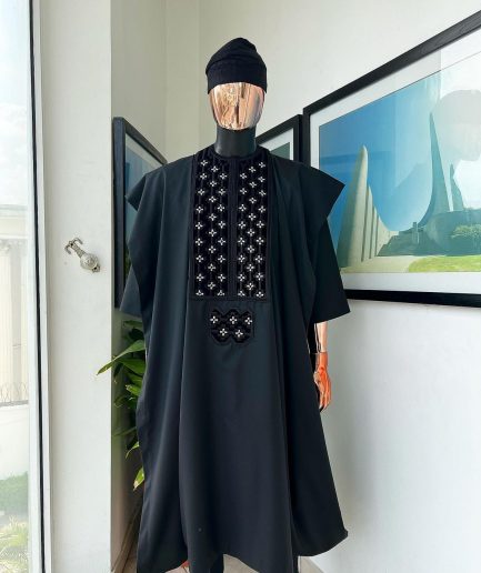 A charcoal black, grommet eyelet on dropping octa with silver Swarovski embroidery details agbada