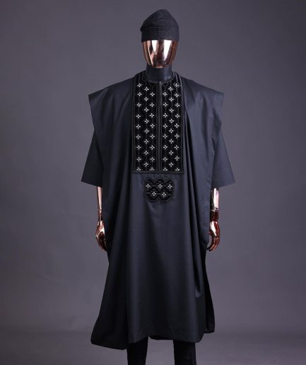 A charcoal black, grommet eyelet on dropping octa with silver Swarovski embroidery details agbada
