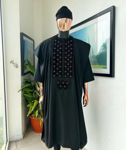 A charcoal black, grommet eyelet on dropping octa embroidery details agbada