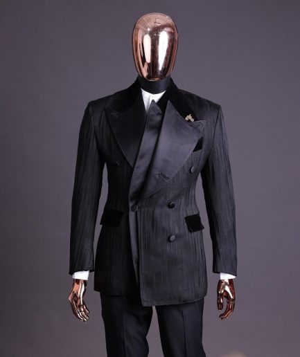 A Charcoal Black “Mandate” rain drop patterned jacquard, triple breasted tuxedo suit