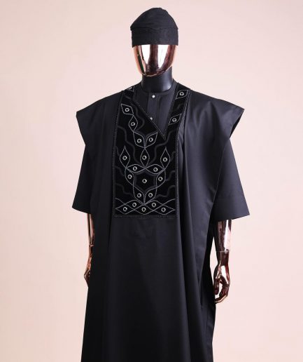 A charcoal black, grommet eyelet on root splash embroidery details agbada