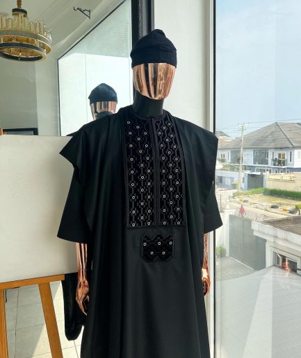 A charcoal black, grommet eyelet on dropping octa embroidery details agbada