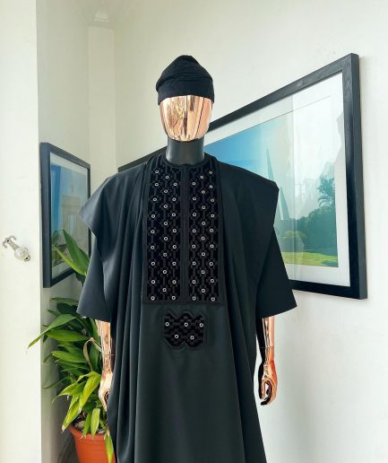 A charcoal black, grommet eyelet on dropping octa embroidery details agbada