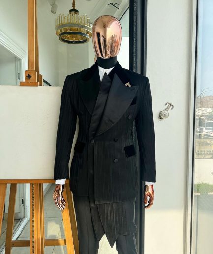 A Charcoal Black “Mandate” rain drop patterned jacquard, triple breasted, 2 layer dropping sache tuxedo suit.