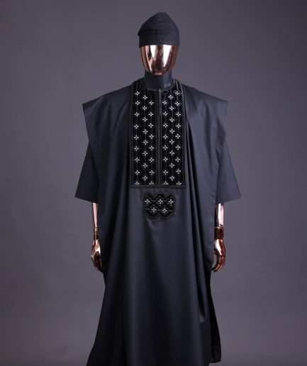 A charcoal black, grommet eyelet on dropping octa with silver Swarovski embroidery details agbada