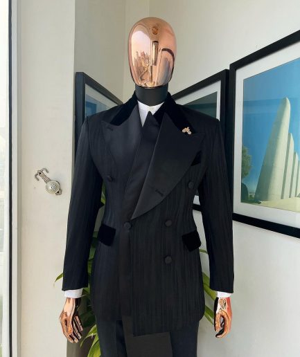 A Charcoal Black “Mandate” rain drop patterned jacquard, triple breasted, dropping sache tuxedo suit