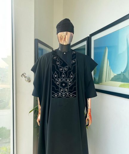 A charcoal black, grommet eyelet on root splash embroidery details agbada