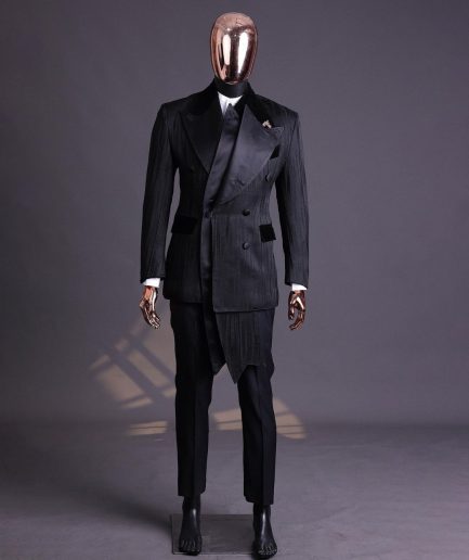 A Charcoal Black “Mandate” rain drop patterned jacquard, triple breasted, 2 layer dropping sache tuxedo suit.