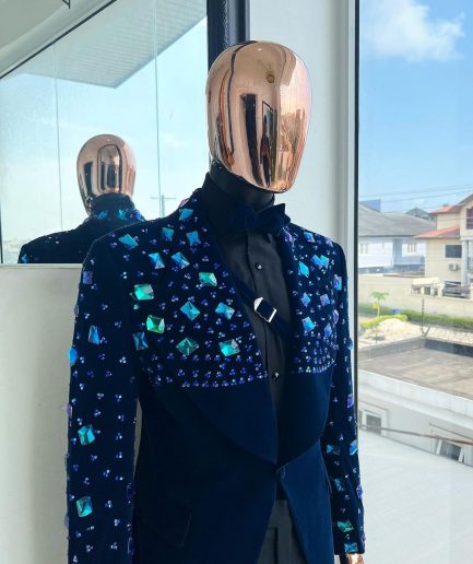 A Navy blue Glass and stone Swarovski mix shawl lapel single button tuxedo blazer suit