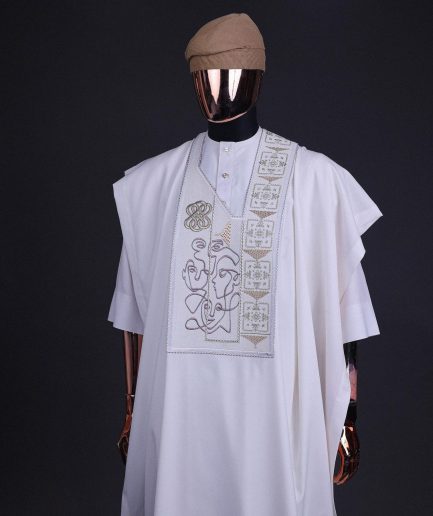 A white, connected faces renaissance maze embroidery details agbada