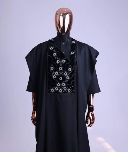A charcoal black, grommet eyelet on root splash embroidery details agbada