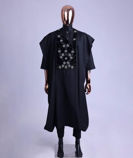A charcoal black, grommet eyelet on root splash embroidery details agbada