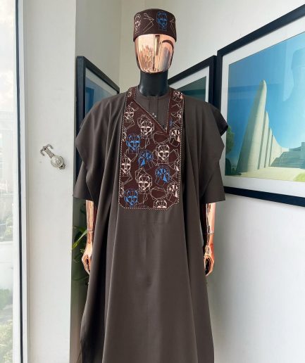 An Umber Brown, AI connected iron-man maze embroidery details agbada, mixed Swarovski buttons on 3/4 sleeve kaftan & sokoto