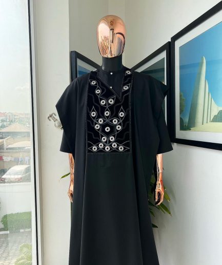 A charcoal black, grommet eyelet on root splash embroidery details agbada