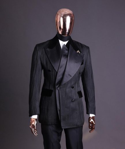 A Charcoal Black “Mandate” rain drop patterned jacquard, triple breasted tuxedo suit