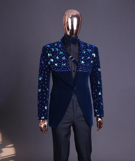 A Navy blue Glass and stone Swarovski mix shawl lapel single button tuxedo blazer suit