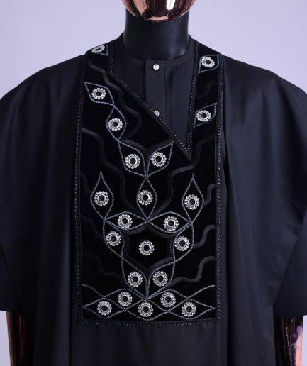 A charcoal black, grommet eyelet on root splash embroidery details agbada
