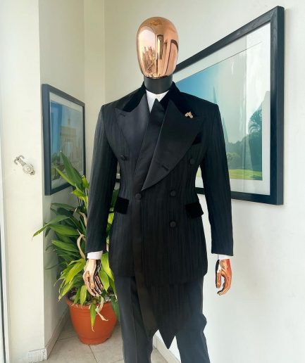 A Charcoal Black “Mandate” rain drop patterned jacquard, triple breasted, 2 layer dropping sache tuxedo suit.