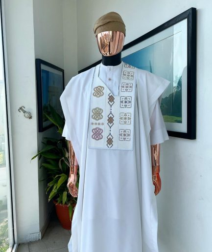 A White, connected square & renaissance maze embroidery details agbada