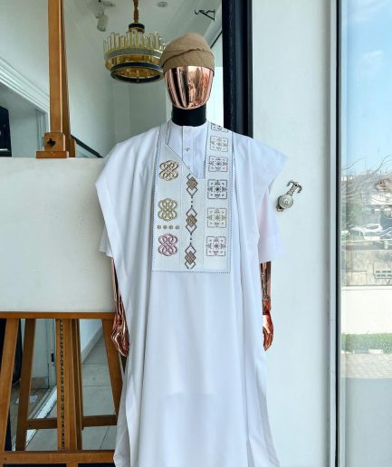 A White, connected square & renaissance maze embroidery details agbada