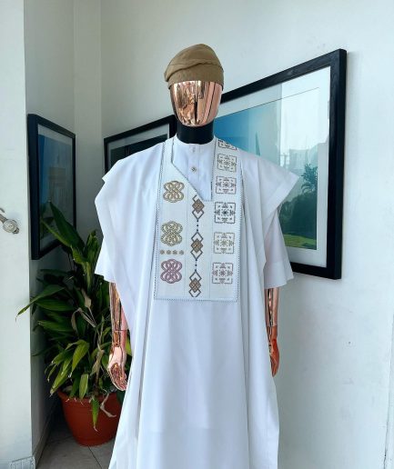 A White, connected square & renaissance maze embroidery details agbada