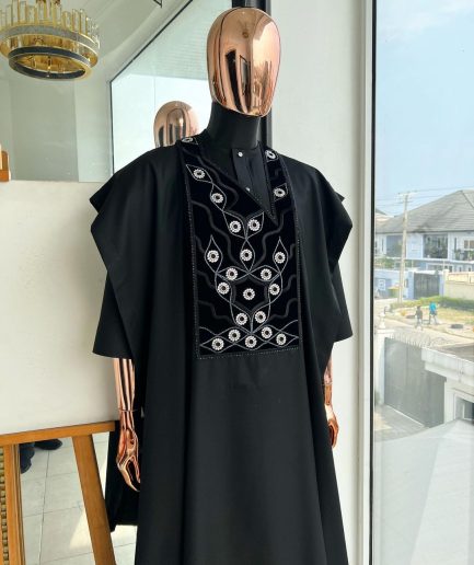 A charcoal black, grommet eyelet on root splash embroidery details agbada