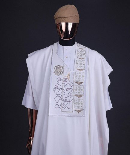 A white, connected faces renaissance maze embroidery details agbada