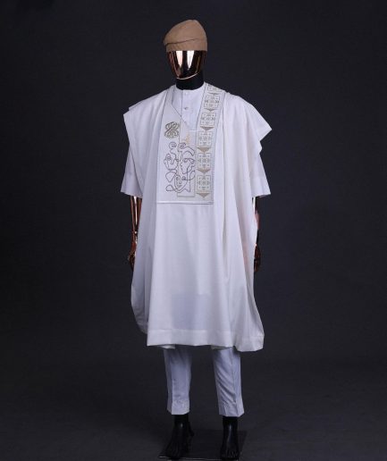 A white, connected faces renaissance maze embroidery details agbada
