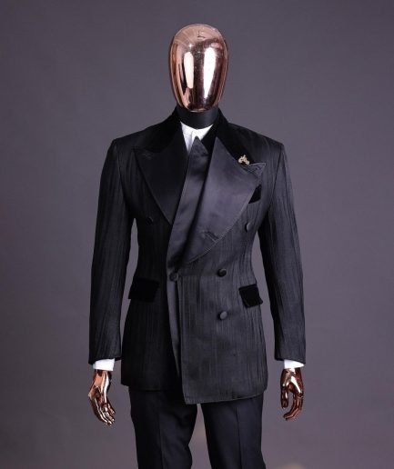 A Charcoal Black “Mandate” rain drop patterned jacquard, triple breasted tuxedo suit