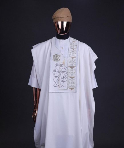 A white, connected faces renaissance maze embroidery details agbada