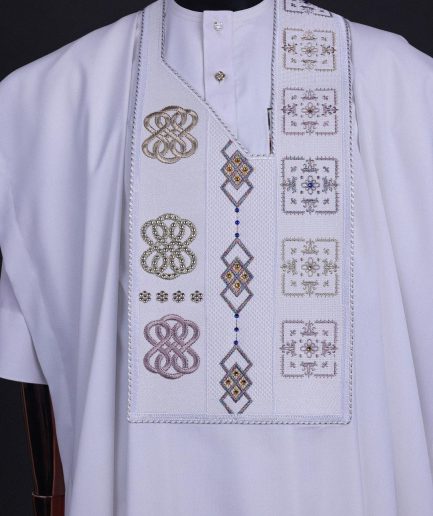 A White, connected square & renaissance maze embroidery details agbada