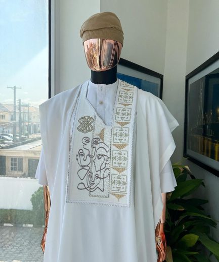 A white, connected faces renaissance maze embroidery details agbada