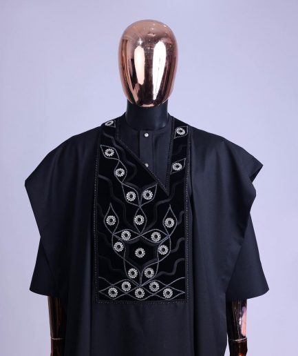 A charcoal black, grommet eyelet on root splash embroidery details agbada