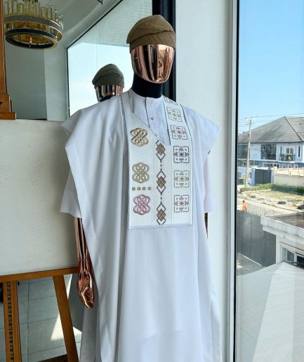 A White, connected square & renaissance maze embroidery details agbada