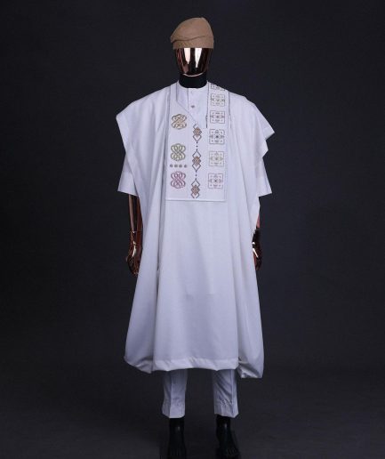 A White, connected square & renaissance maze embroidery details agbada