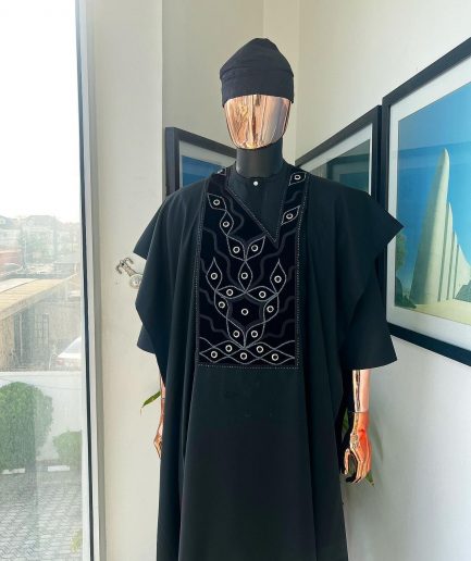 A charcoal black, grommet eyelet on root splash embroidery details agbada