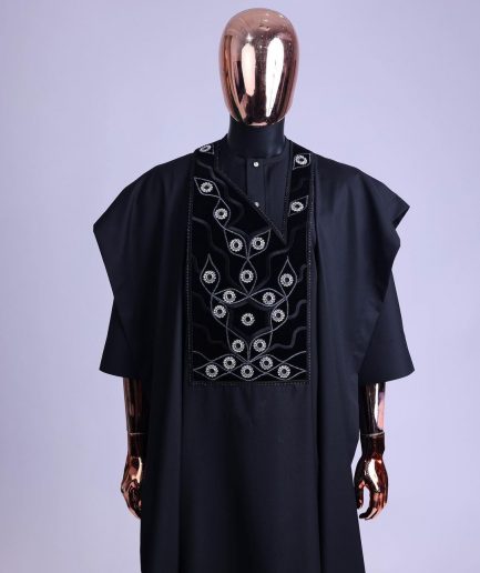 A charcoal black, grommet eyelet on root splash embroidery details agbada