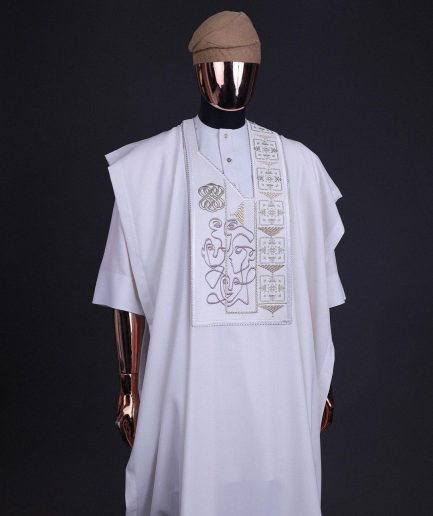 A white, connected faces renaissance maze embroidery details agbada