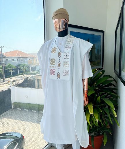 A White, connected square & renaissance maze embroidery details agbada