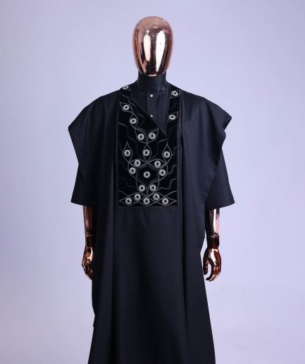 A charcoal black, grommet eyelet on root splash embroidery details agbada