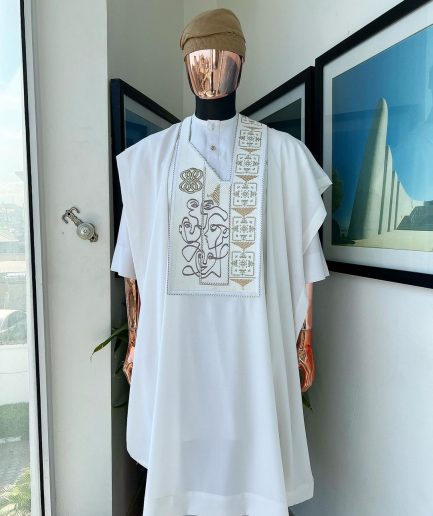 A white, connected faces renaissance maze embroidery details agbada
